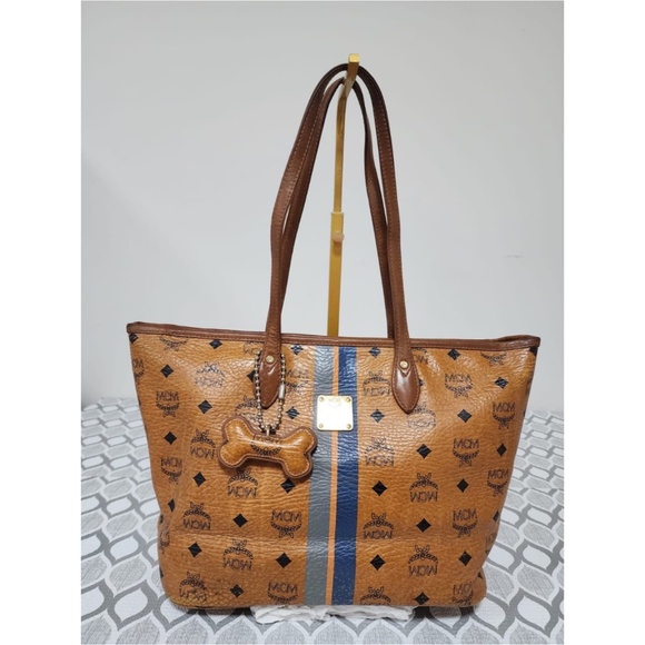 Authentic MCM Visetos Dog Bone Striped Shopper Tote Bag Brown - Picture 13 of 13